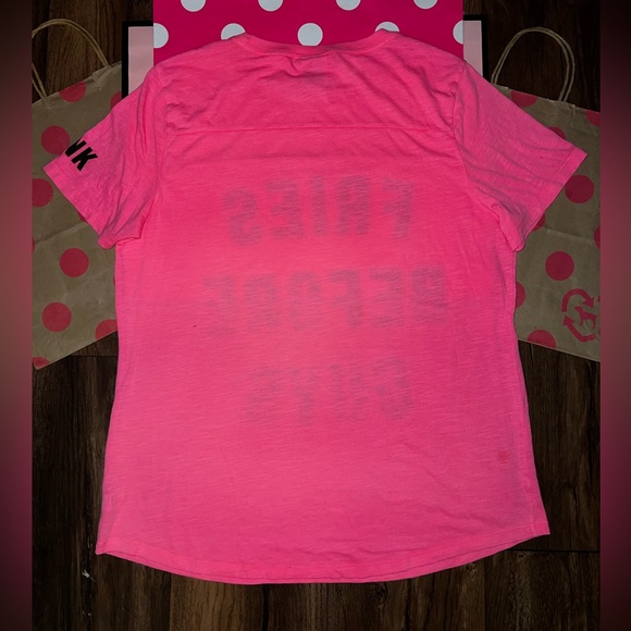 VS PINK Size LARGE Neon Pink “Fries Before Guys” Logo Tee. - Picture 6 of 6